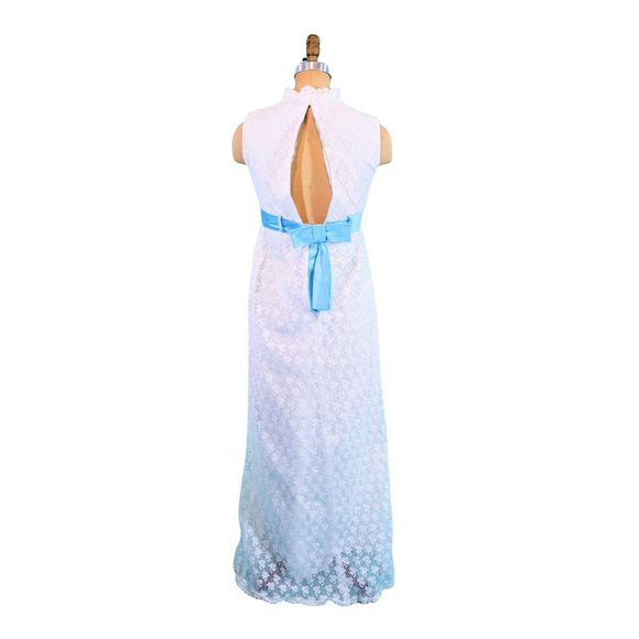 Vintage 1960s Lace Dress White Blue Bow Belt Formal Gown | B 29" - Picture 8 of 9